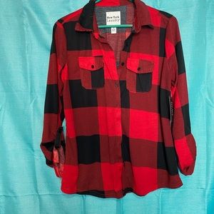 New York Laundry Flannel Button Up Sleeves Plaid Women’s Shirt Small Red